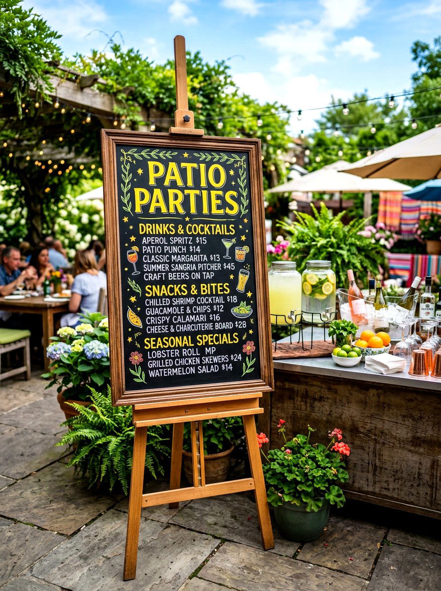 Chalkboard menu for patio parties - 30 lemonade patio party ideas