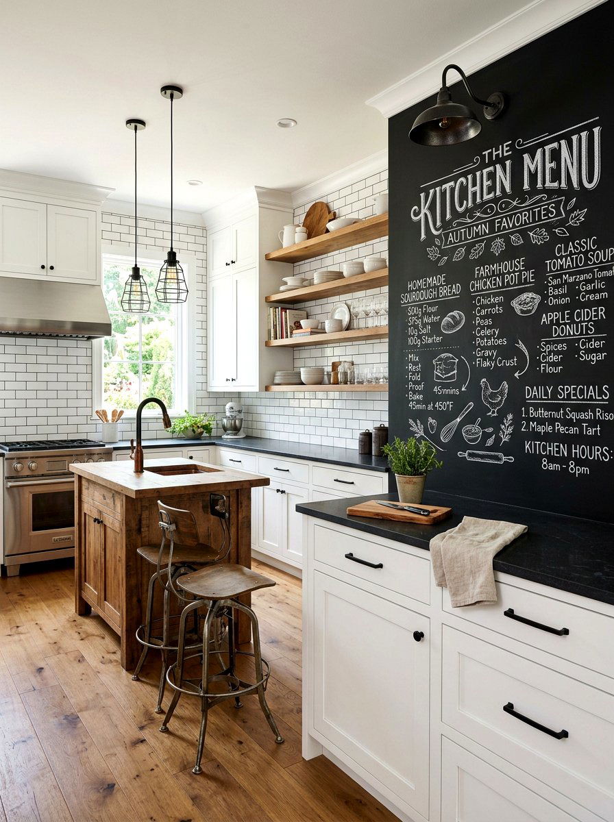 Chalkboard menu wall - 30 industrial farmhouse kitchen ideas