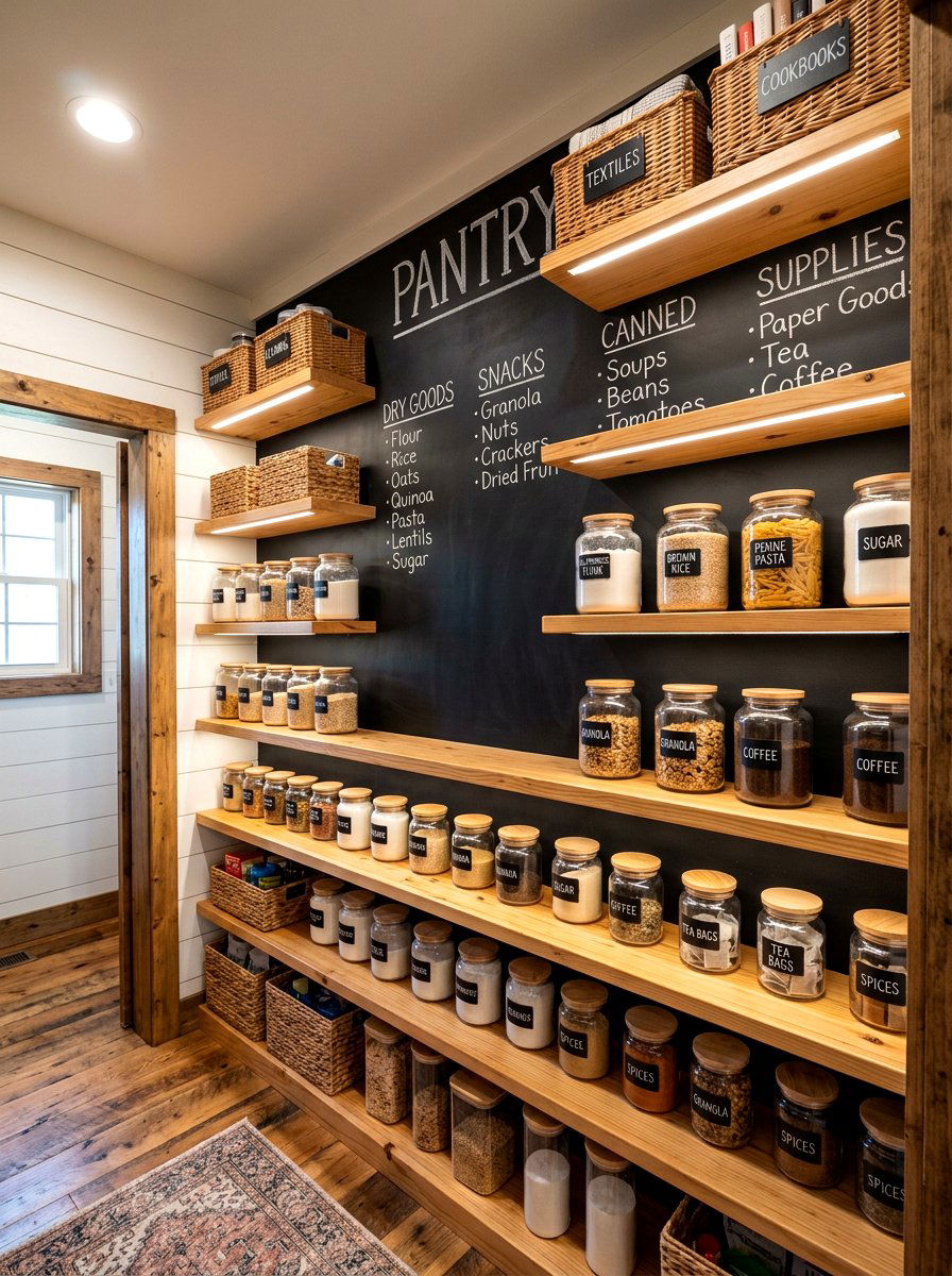 Chalkboard wall pantry shelves - 30 farmhouse pantry shelving ideas