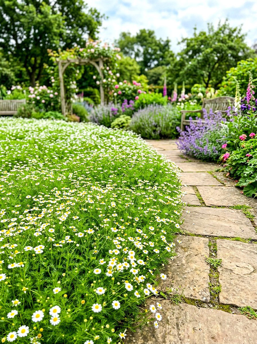 Chamomile lawn border - 30 herb patio border ideas