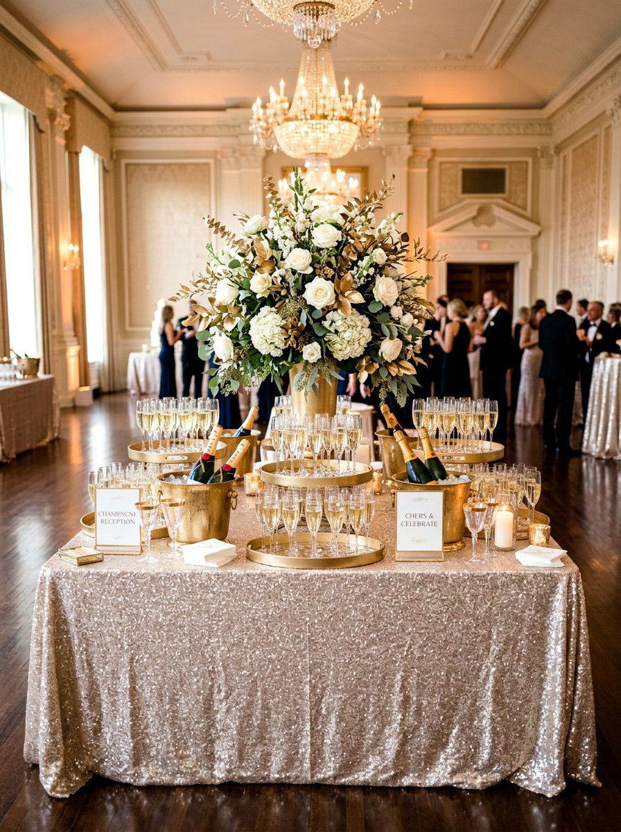 Champagne Buffet Setup - 30 metallic holiday decor ideas