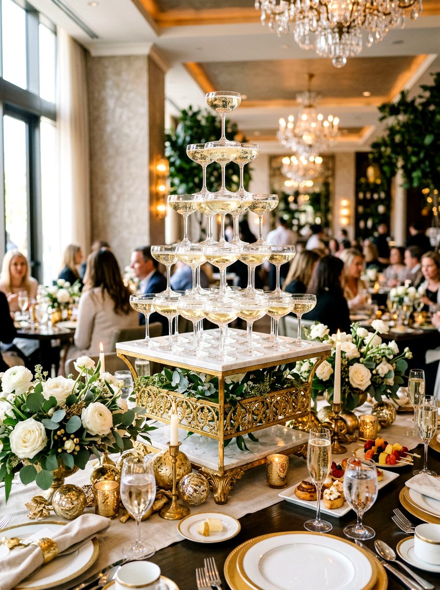 Champagne tower display - 30 New Year brunch table ideas