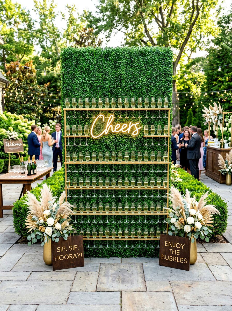 Champagne wall display - 30 bridal shower garden party ideas