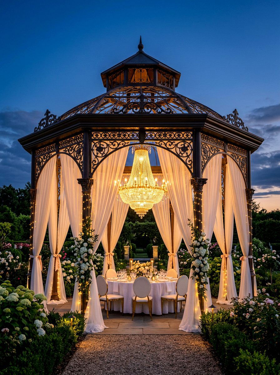 Chandelier Lit Gazebo - 30 backyard wedding gazebo ideas