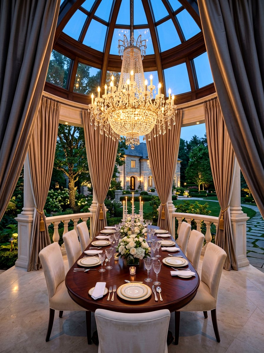 Chandelier Over Dining Space Curtains - 30 gazebo curtain lighting ideas