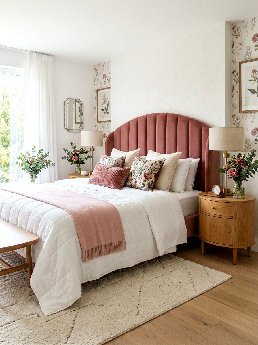 Channel tufted curved headboard - 30 sculptural headboard ideas