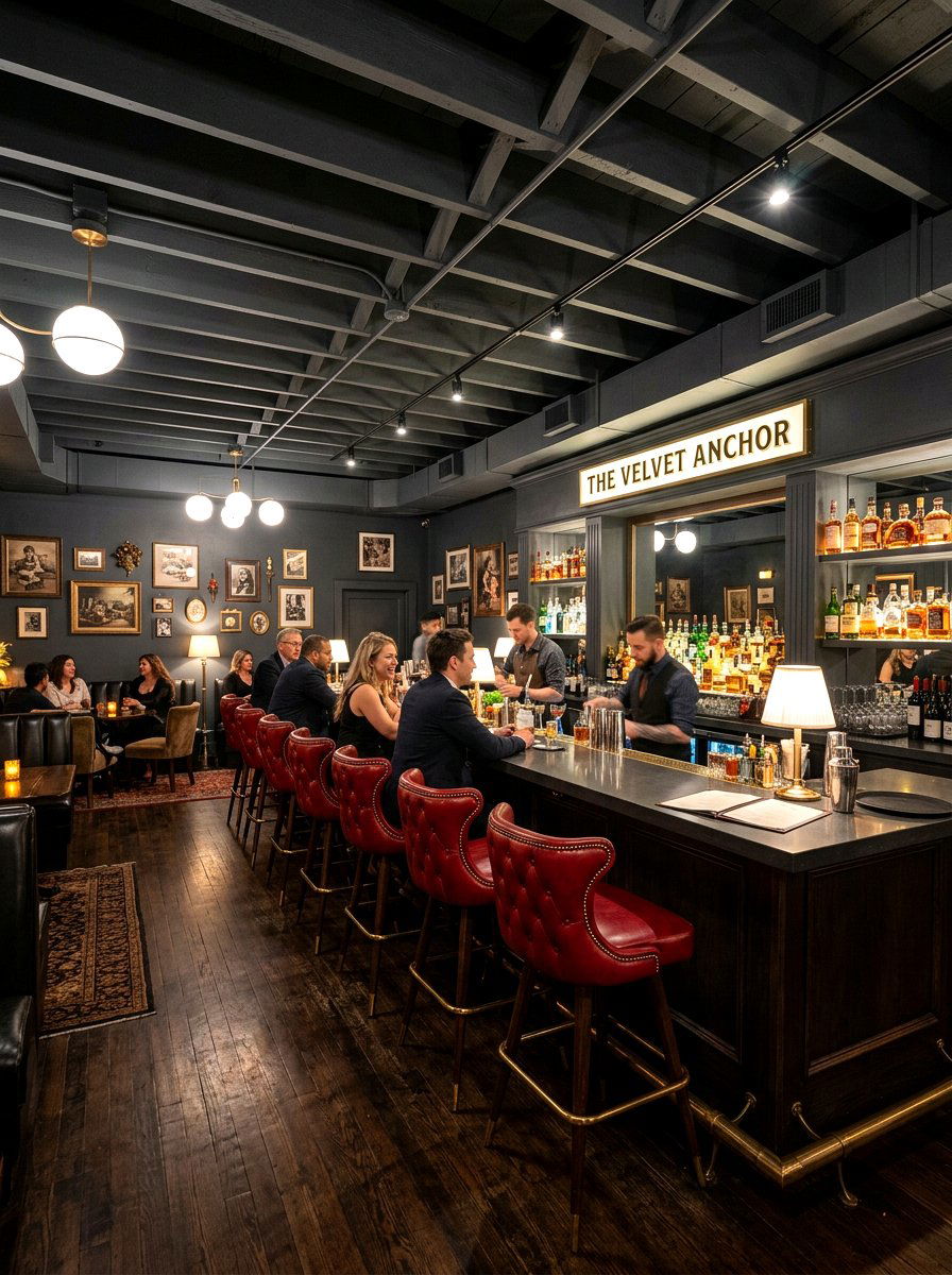Charcoal And Ruby Basement Bar - 30 color blocked room ideas