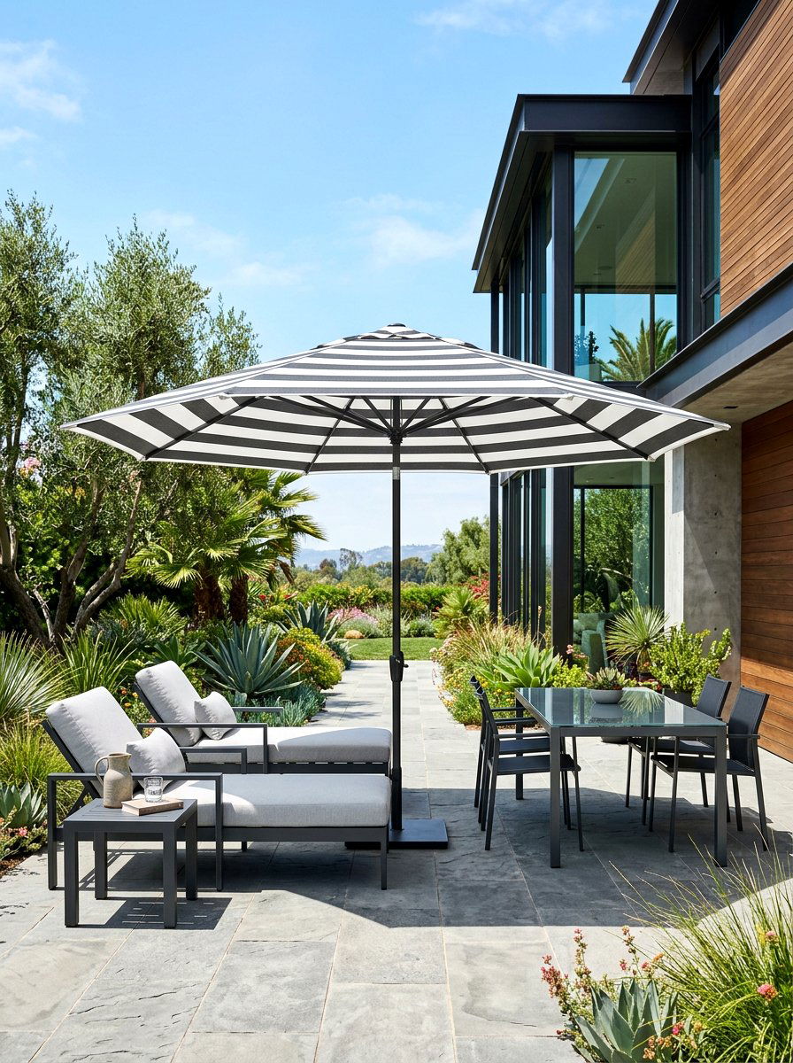 Charcoal And White Striped Umbrella - 30 poolside striped umbrellas ideas