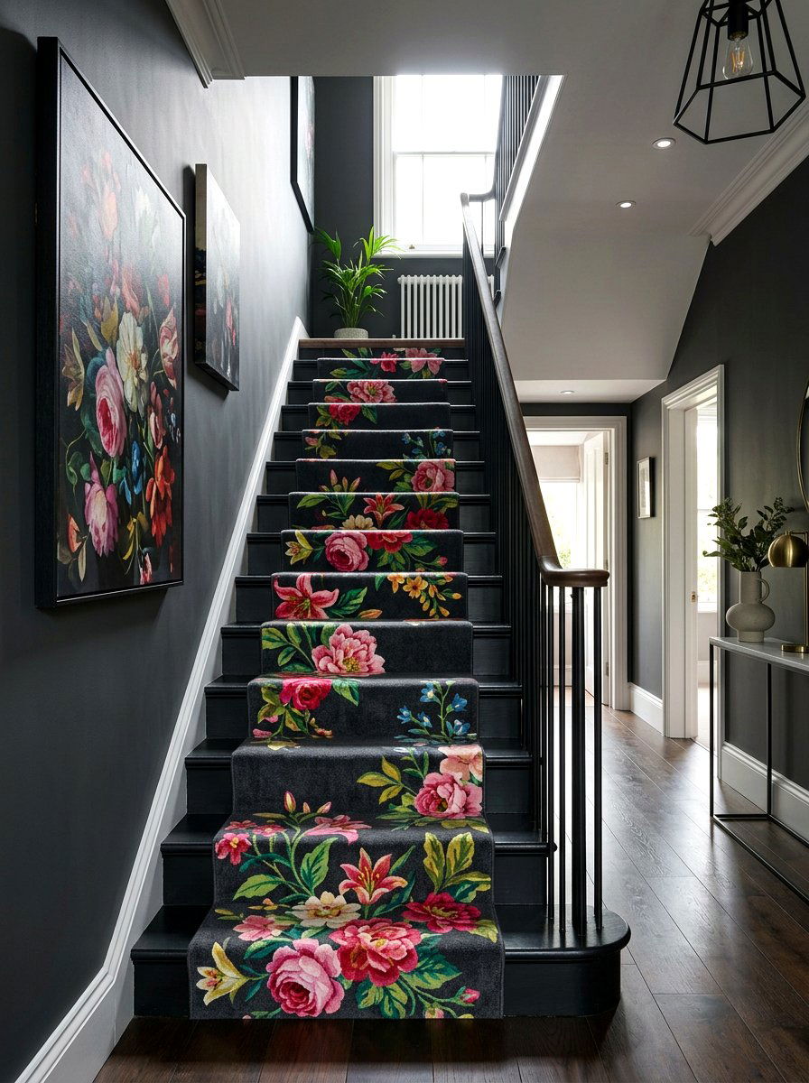 Charcoal Floral Stair Runner - 30 vintage stair carpet ideas