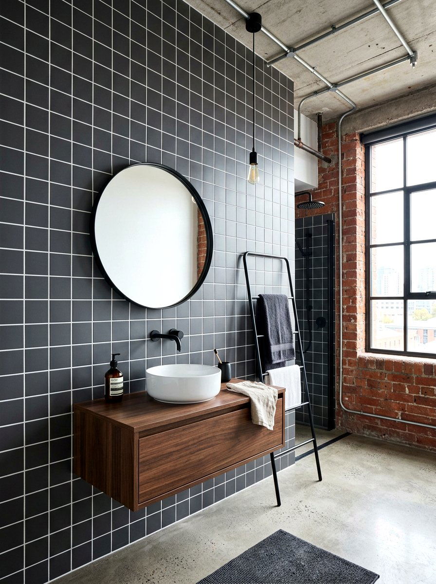 Charcoal Gray Grid Wall Tile - 30 colorful bathroom tile ideas