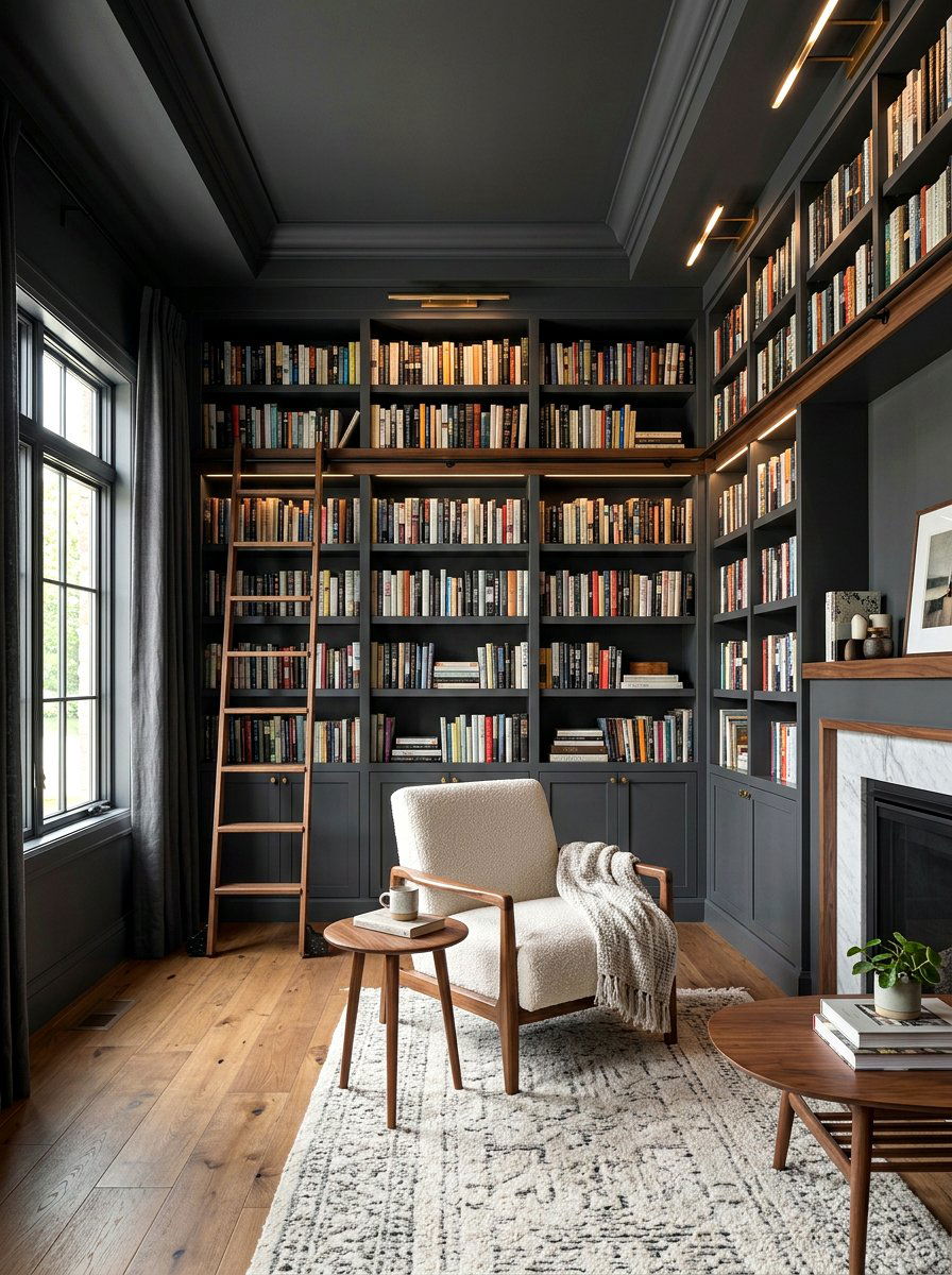 Charcoal Gray Library - 30 moody reader nook ideas