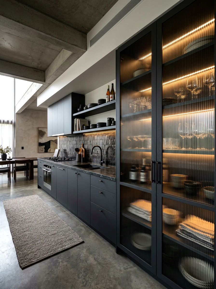 Charcoal Gray Reeded Glass Pantry - 30 reeded glass pantry ideas