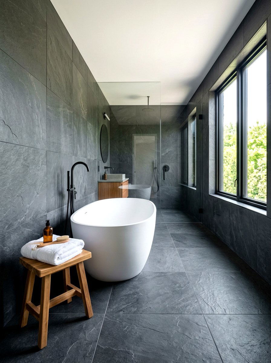 Charcoal Gray Tile Bathroom - 30 moody farmhouse bathroom ideas