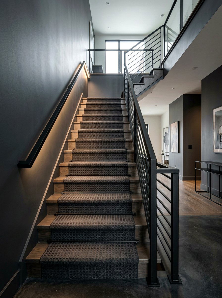Charcoal Gray Waffle Pattern Runner - 30 dramatic stair runner ideas