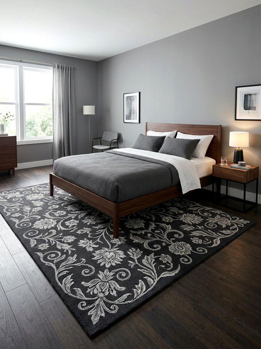 Charcoal Grey Floral Rug - 30 dark floral bedroom aesthetic ideas