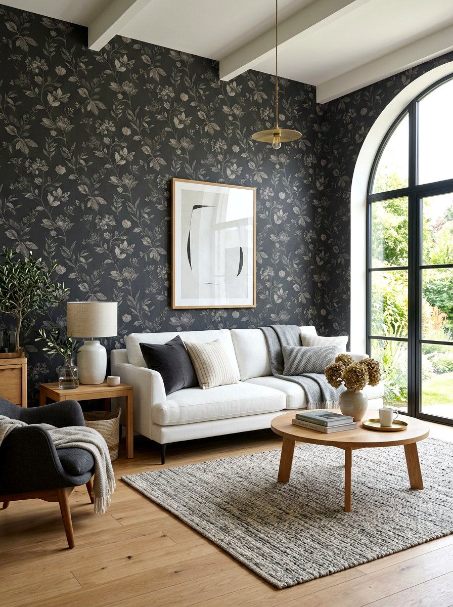 Charcoal Grey Floral Walls - 30 dark floral living room ideas