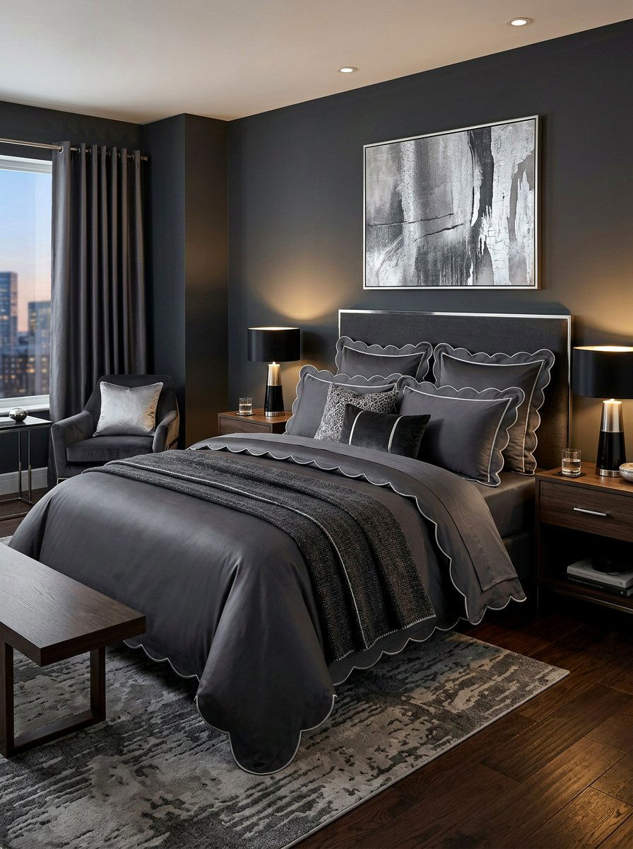 Charcoal Grey Scalloped Bedding Setup - 30 scalloped pillow bedding ideas