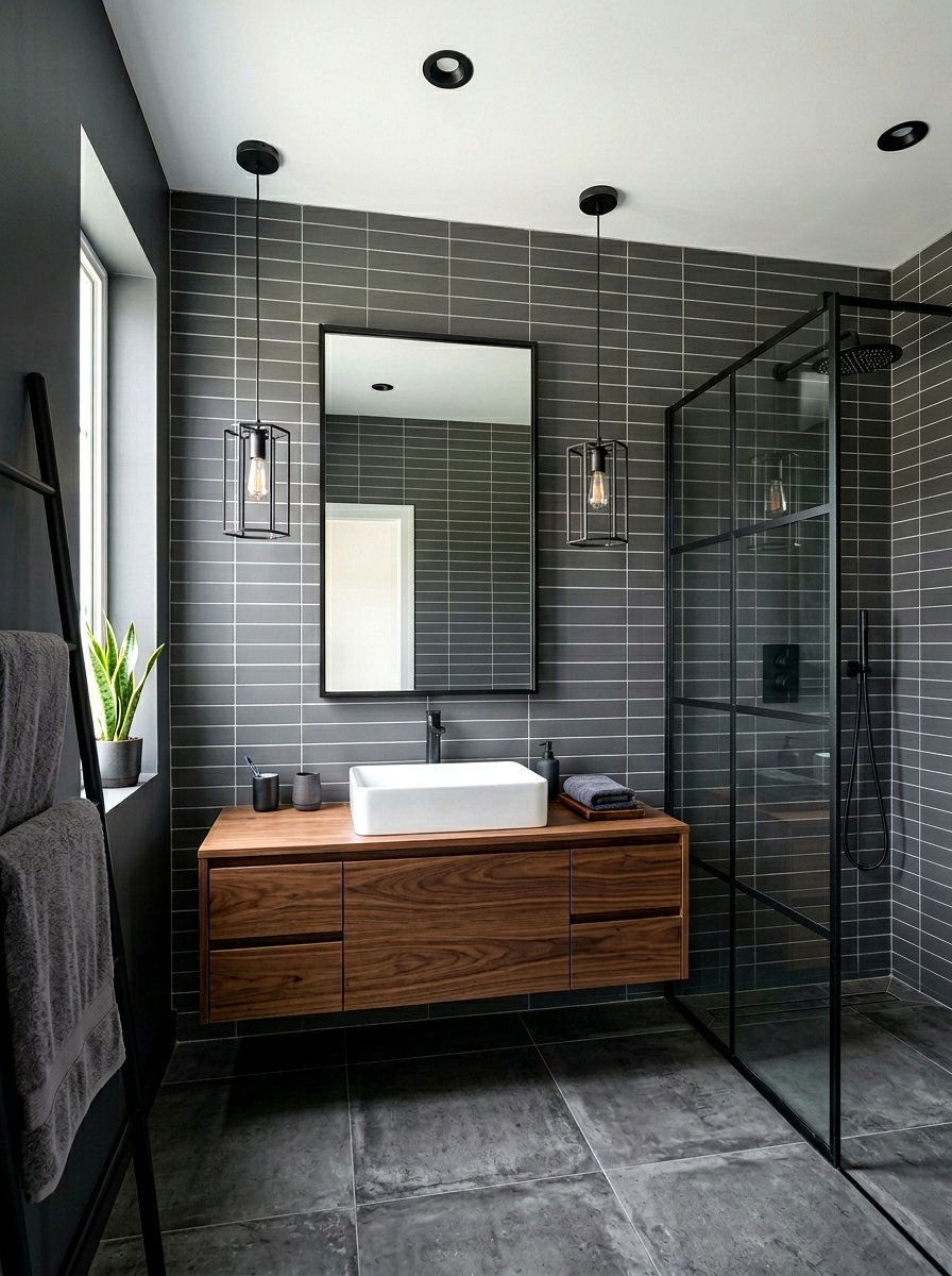 Charcoal Grey Stacked Subway Bathroom - 30 stacked tile bathroom ideas