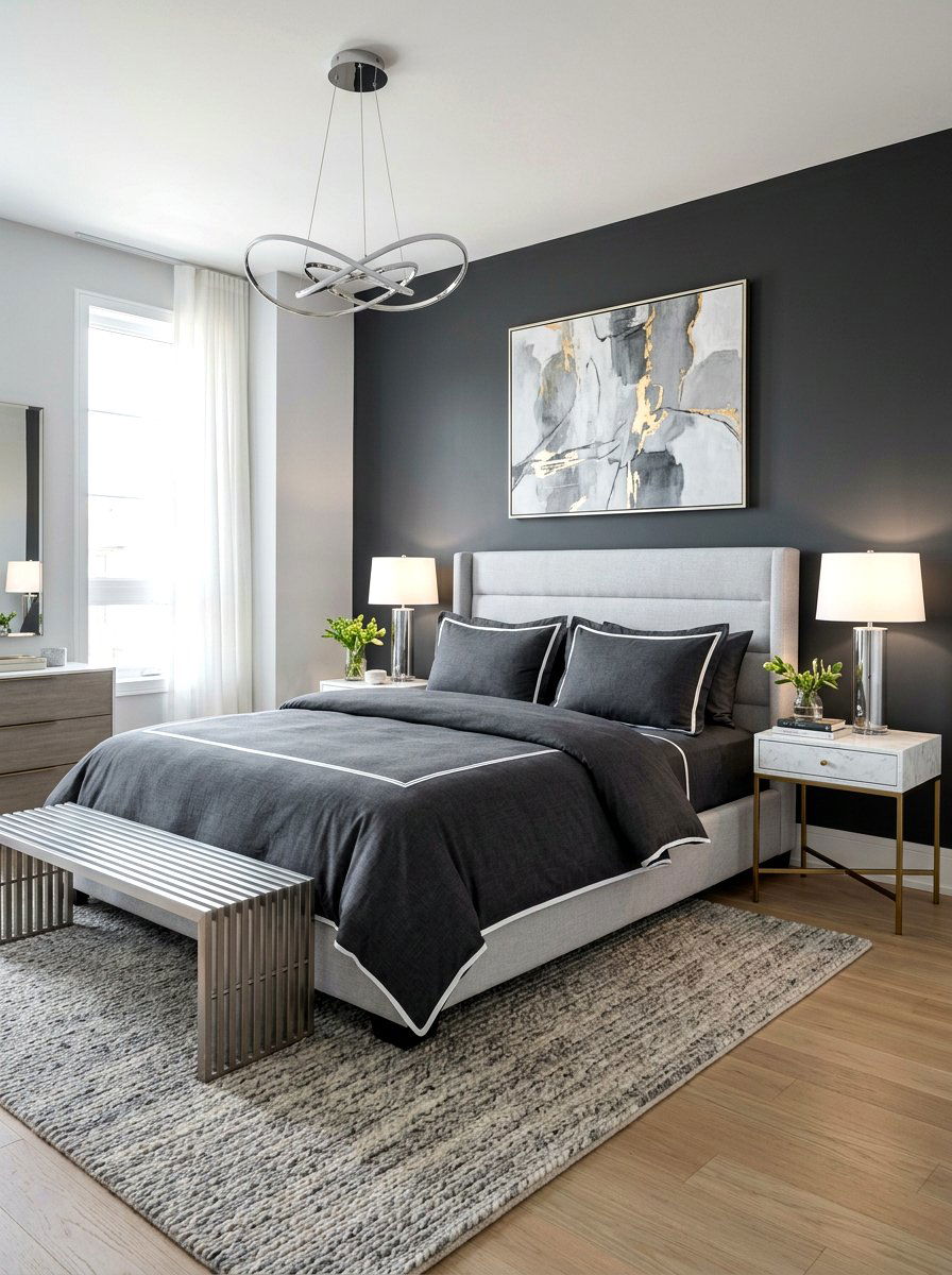 Charcoal Grey White Piping - 30 contrast trim bedding bedroom ideas