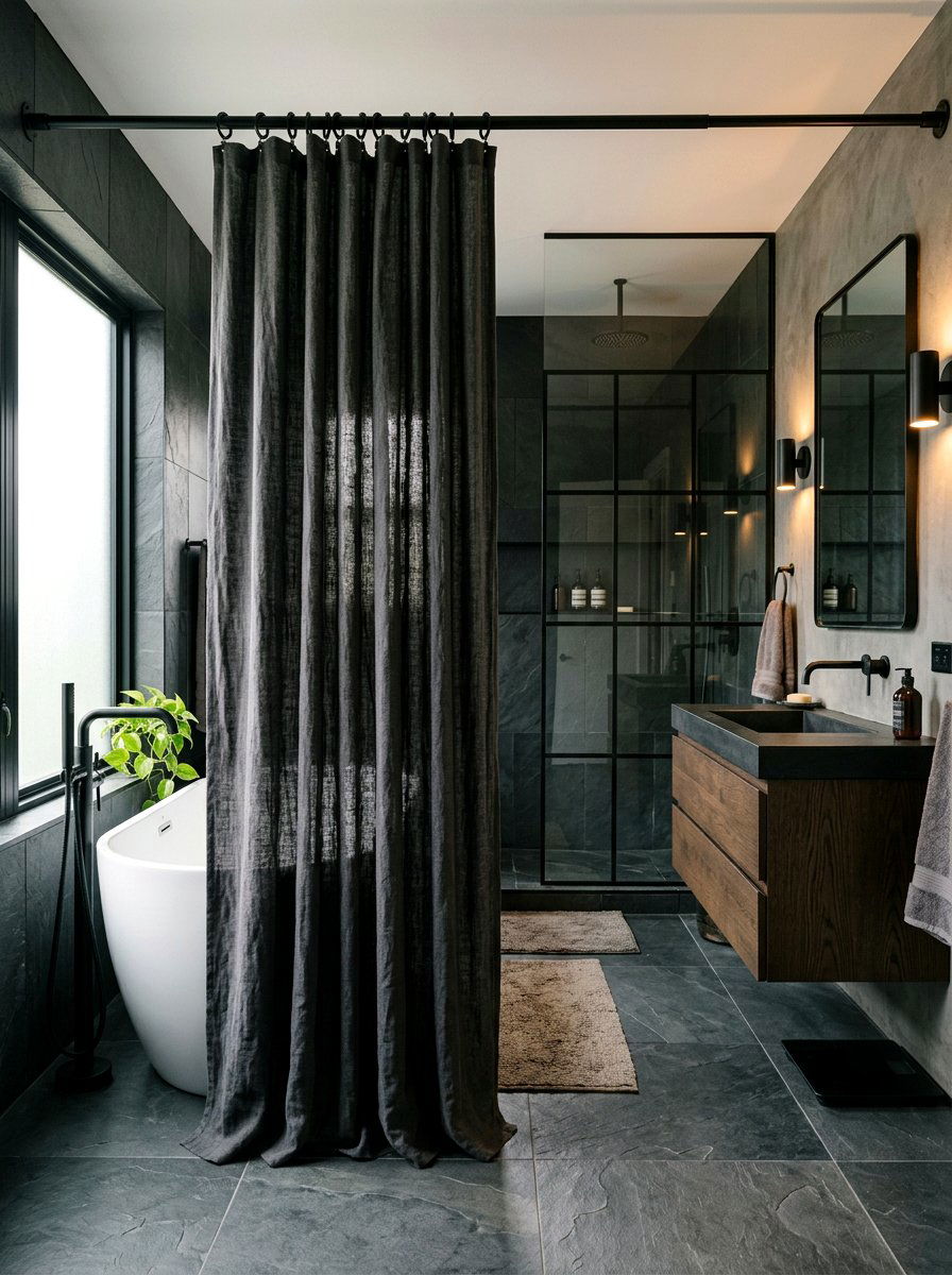 Charcoal Linen Shower Curtain - 30 linen shower curtain ideas