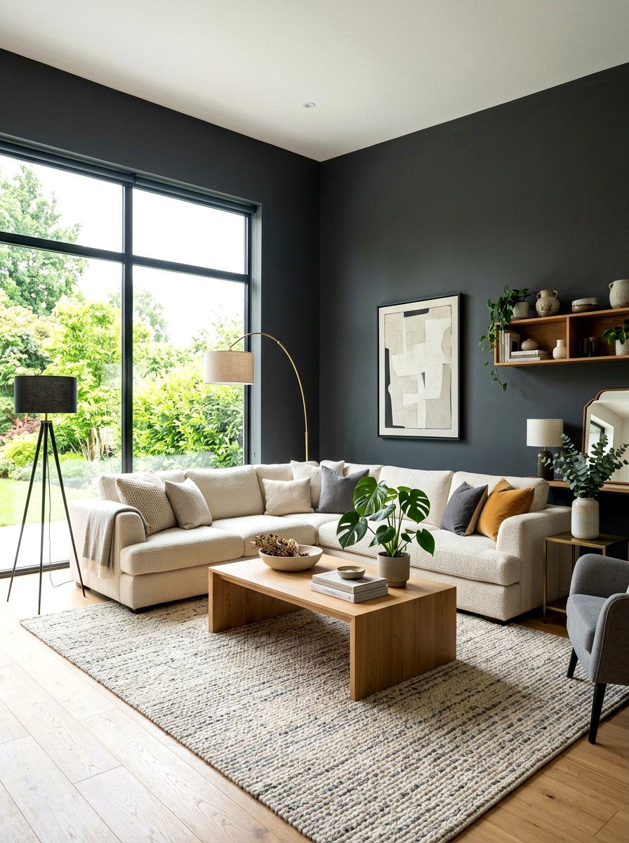 Charcoal Living Room - 30 dark moody wall ideas