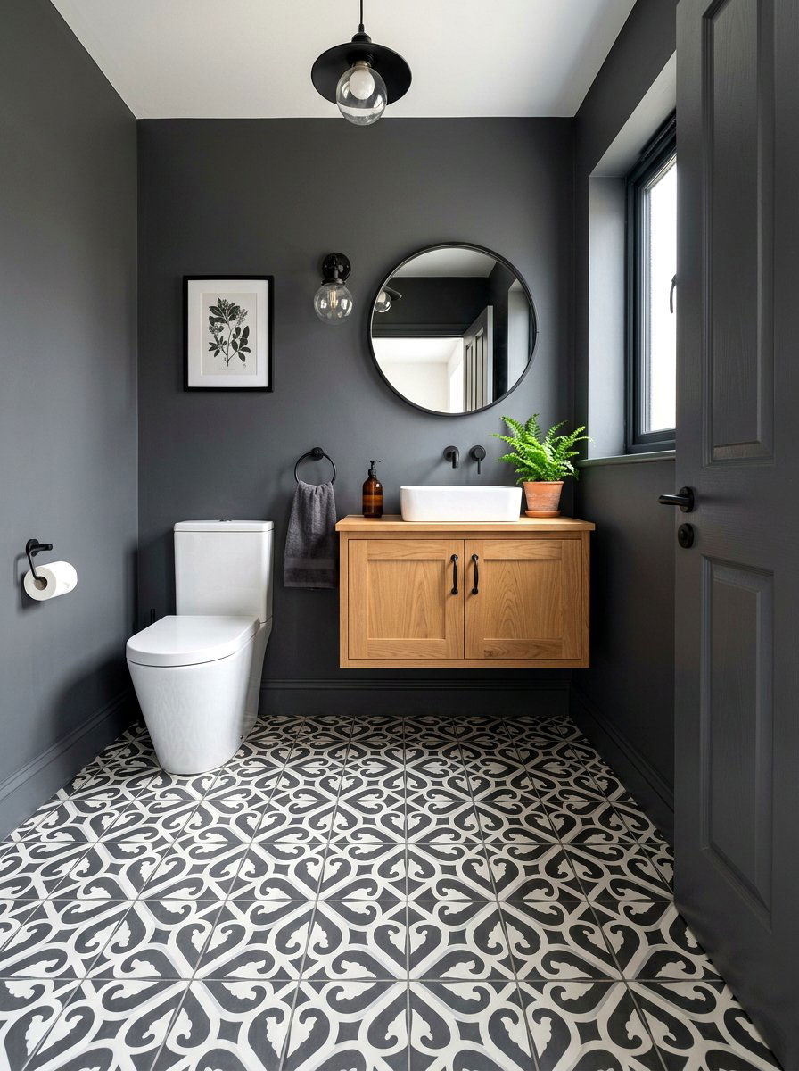 Charcoal Patterned Floor - 30 dark powder room ideas