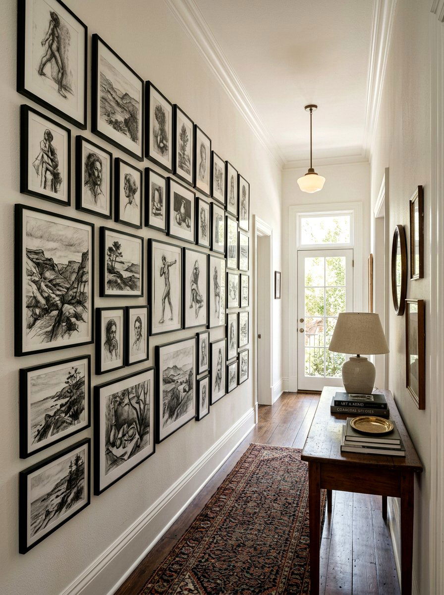 Charcoal Sketch Gallery Wall - 30 art wall foyer ideas