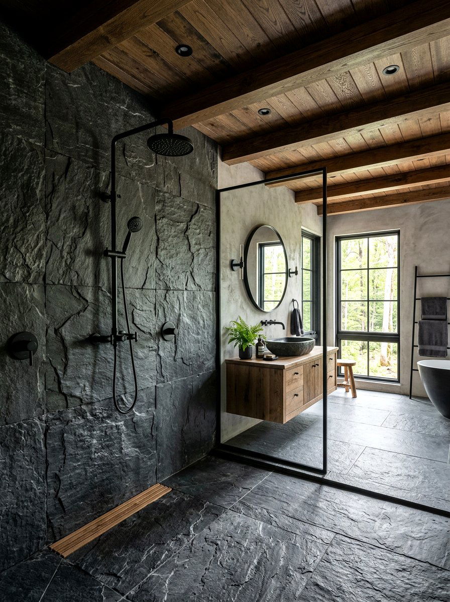 Charcoal Slate Shower - 30 stone slab shower wall ideas