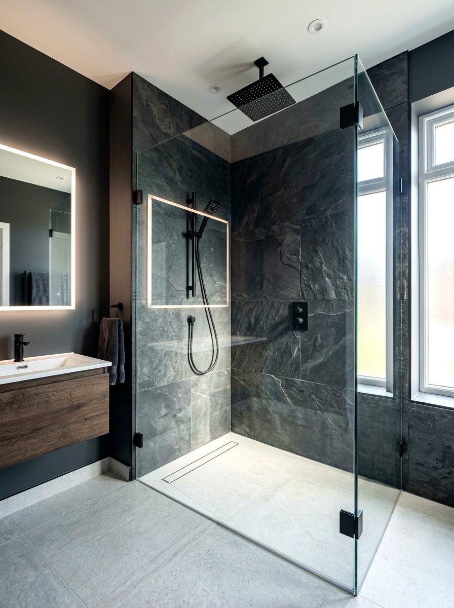 Charcoal Slate Shower - 30 stone slab shower ideas
