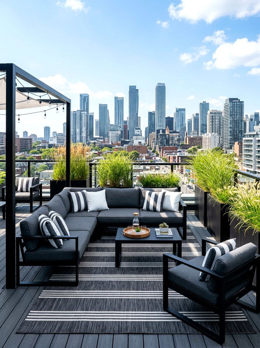 Charcoal Stripe Urban Rooftop - 30 cabana stripe patio ideas