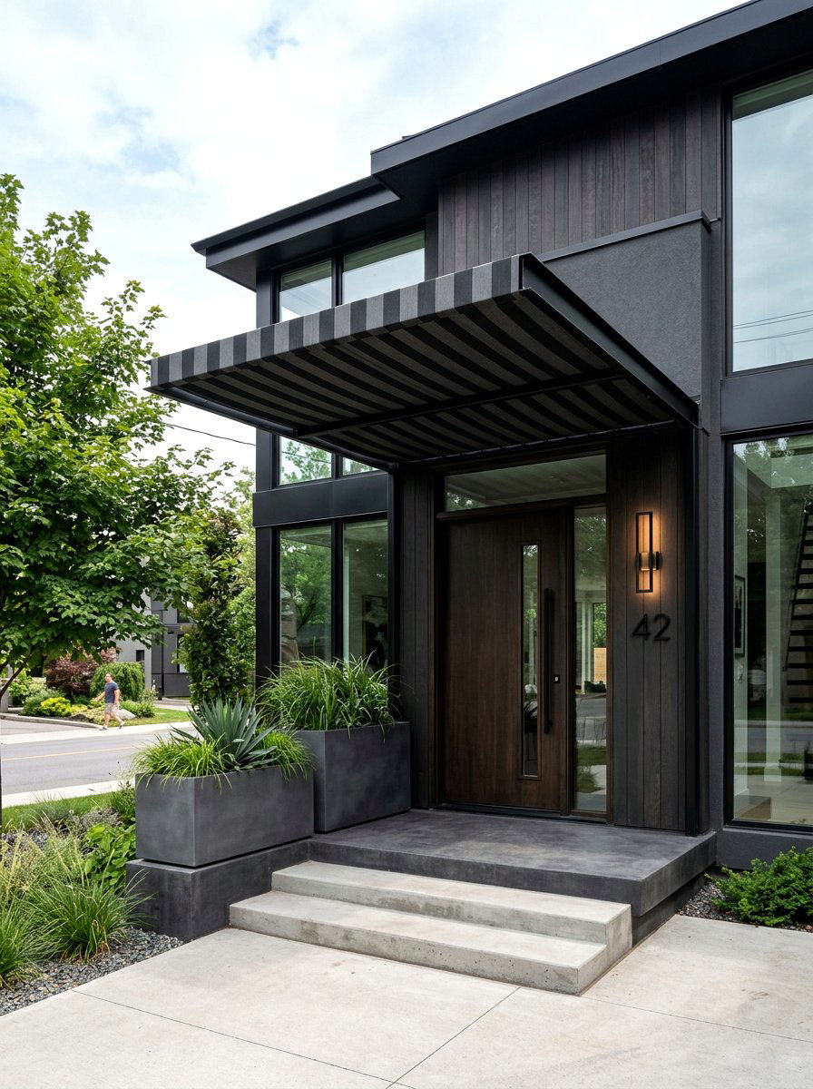 Charcoal Striped Modern Entry Canopy - 30 striped awning front porch ideas