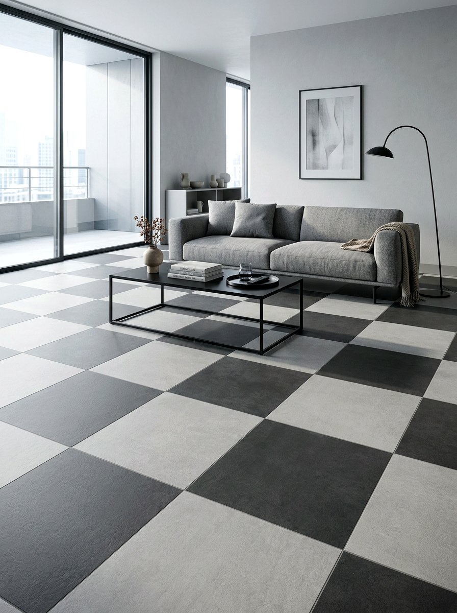 Charcoal and light grey floor - 30 peel and stick checkerboard floor ideas