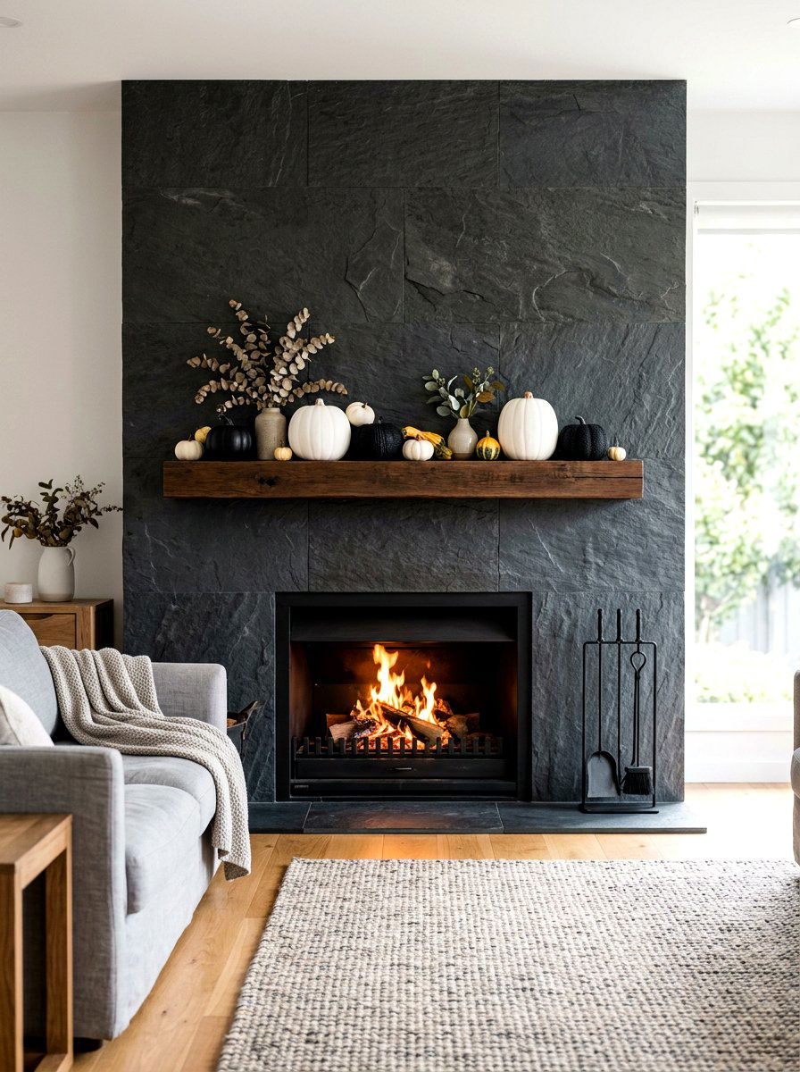 Charcoal fireplace wall - 30 moody mantel fall ideas