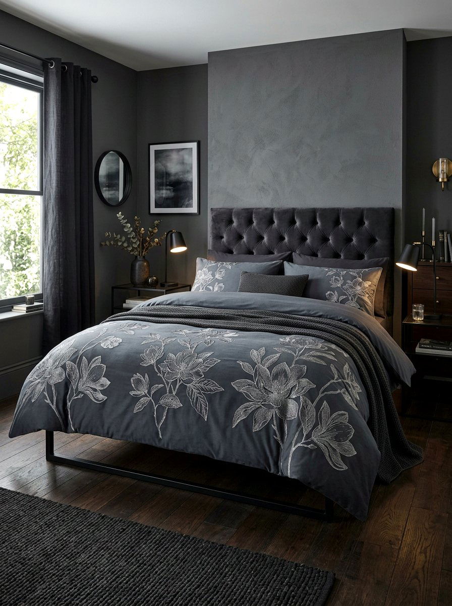 Charcoal floral bedding - 30 embroidered bedding ideas