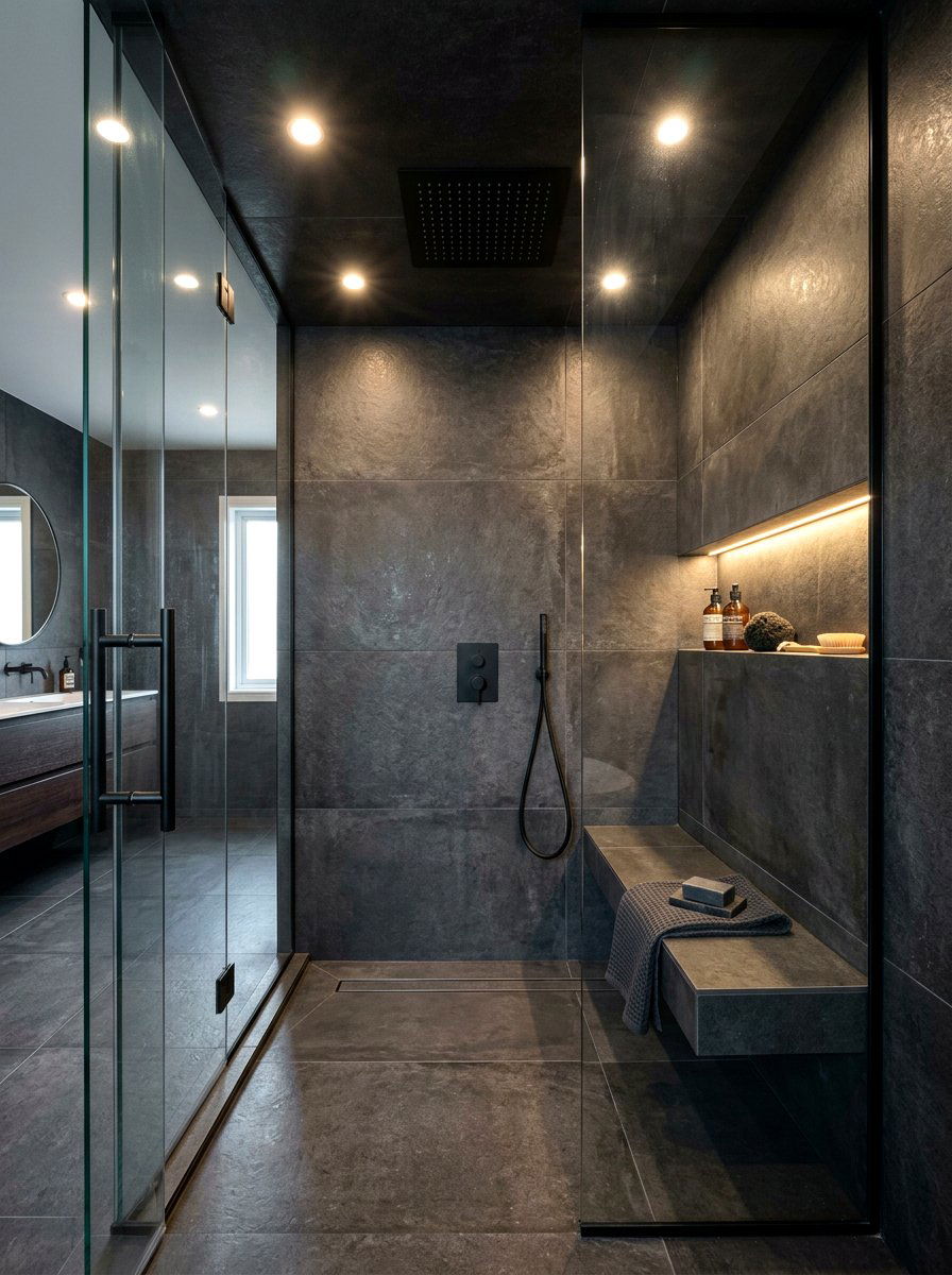 Charcoal gray walk in shower - 30 niche tile contrast ideas