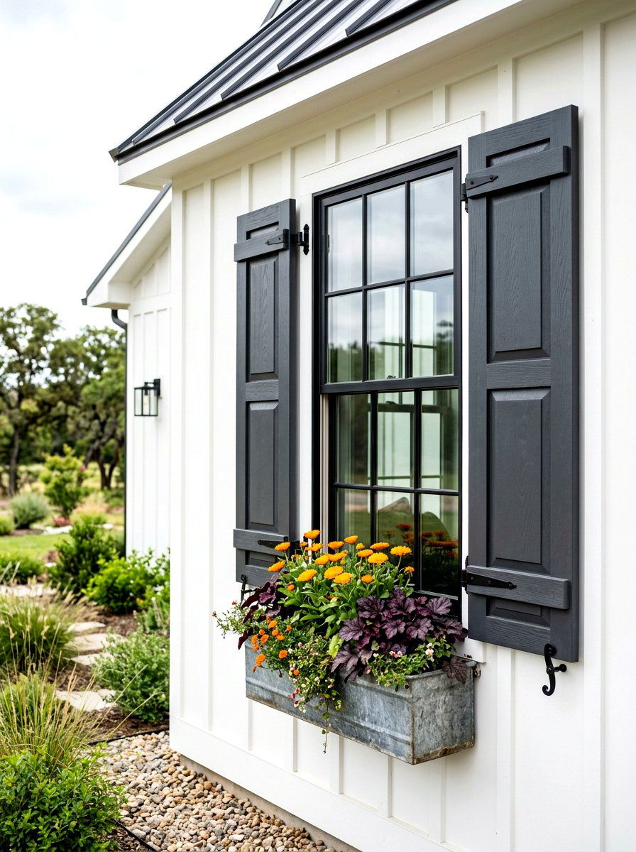 Charcoal grey shutters - 30 shutters and flower box ideas