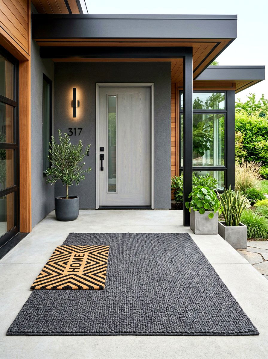 Charcoal grey textured rug - 30 porch doormat layering ideas