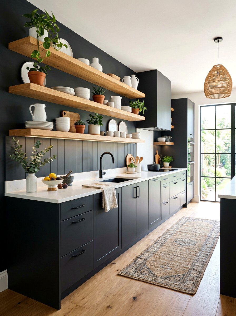 Charcoal kitchen floating shelves - 30 charcoal kitchen ideas