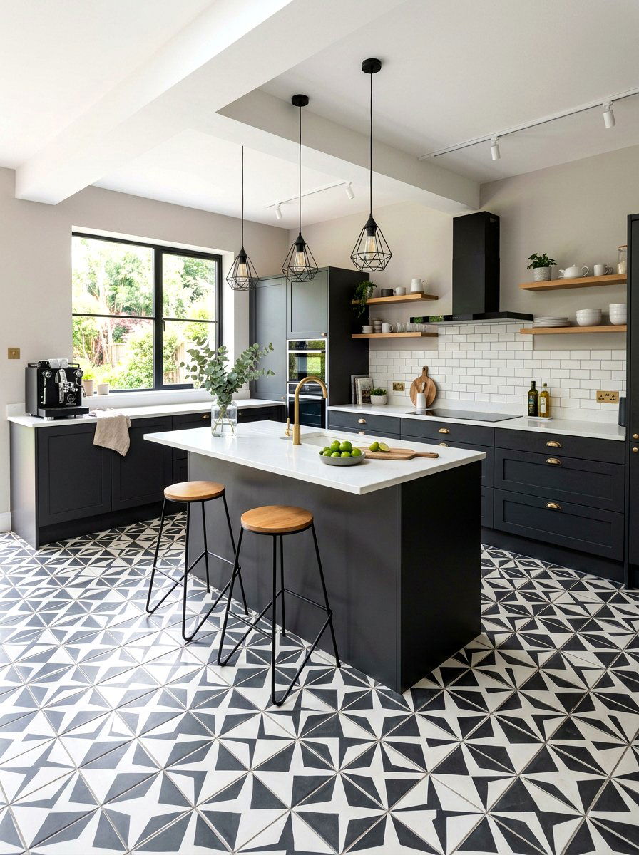 Charcoal kitchen statement tile floor - 30 charcoal kitchen ideas