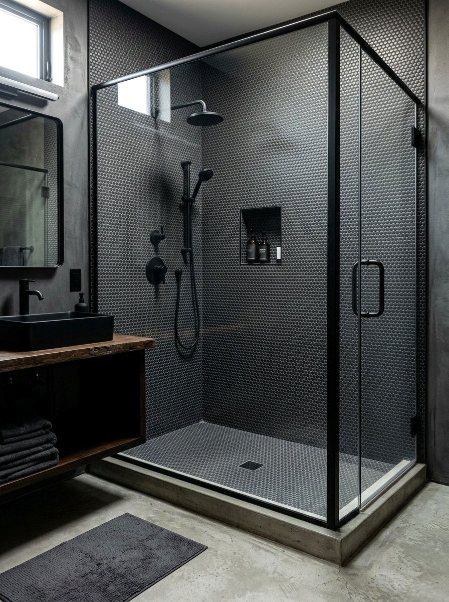 Charcoal penny tile shower - 30 penny tile bathroom ideas