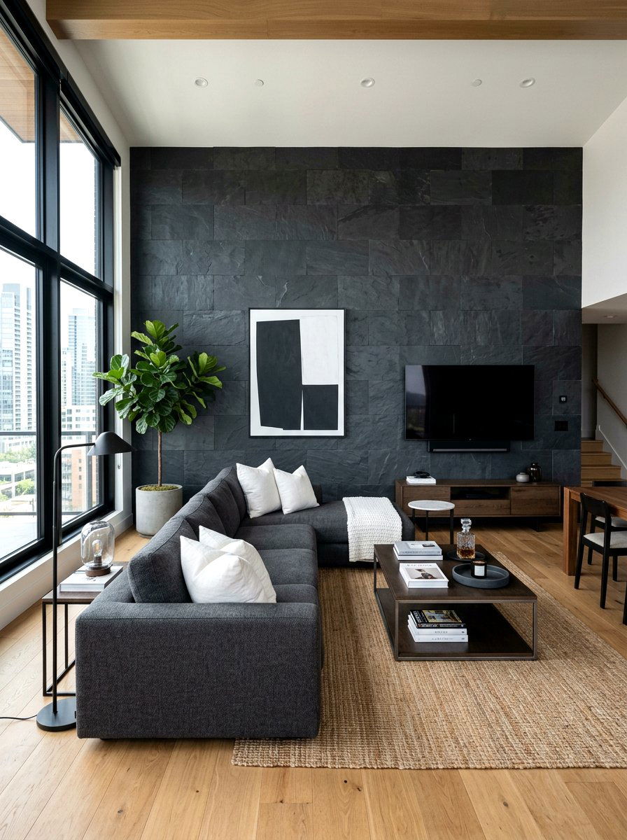 Charcoal stone living room - 30 earth tone living space ideas