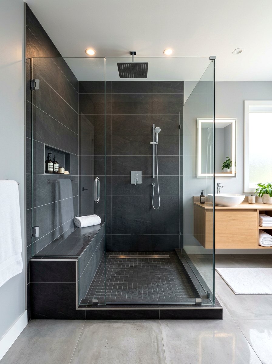 Charcoal walk in shower - 30 charcoal bathroom ideas