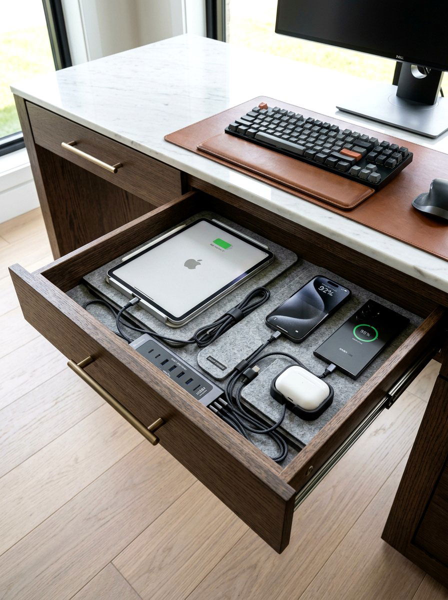 Charging Station Drawer Insert - 30 desk drawer organization ideas