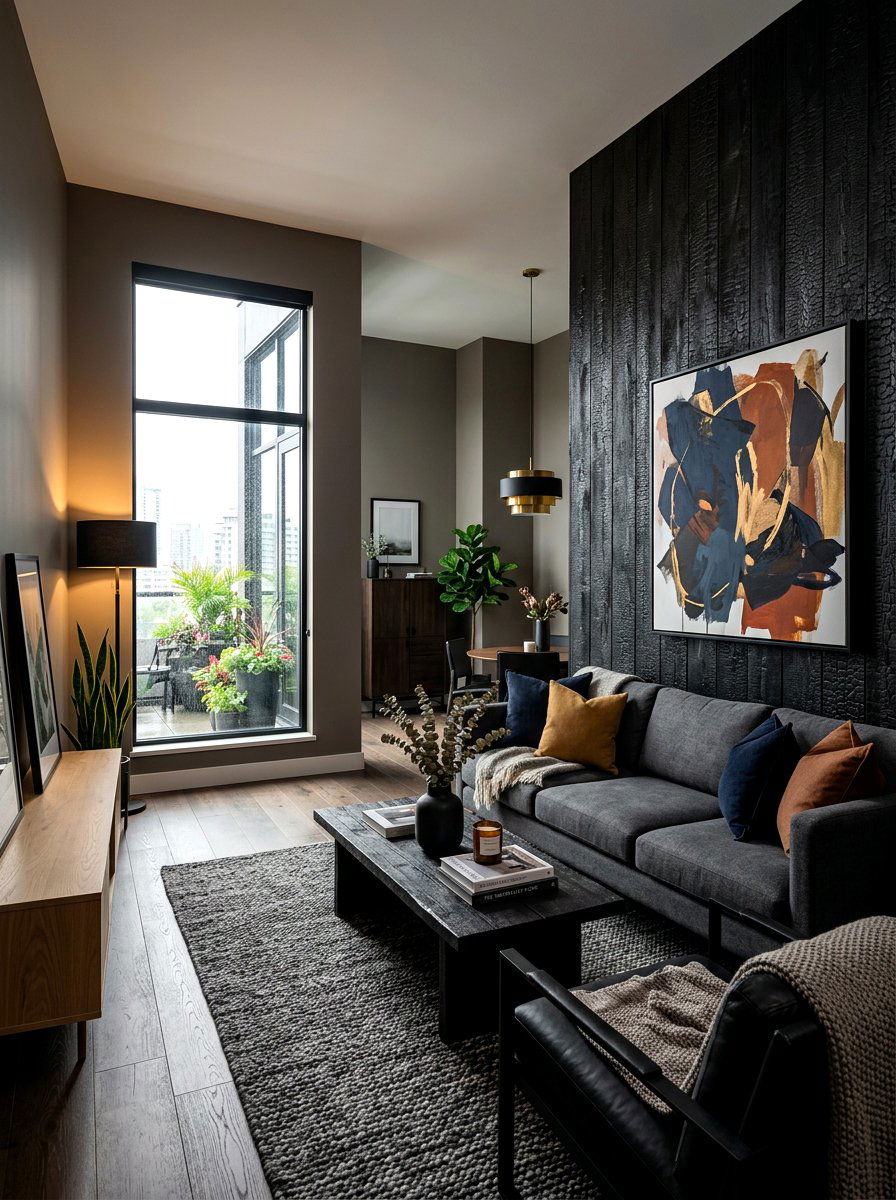 Charred wood accents and warm gray - 30 warm gray and wood living room ideas