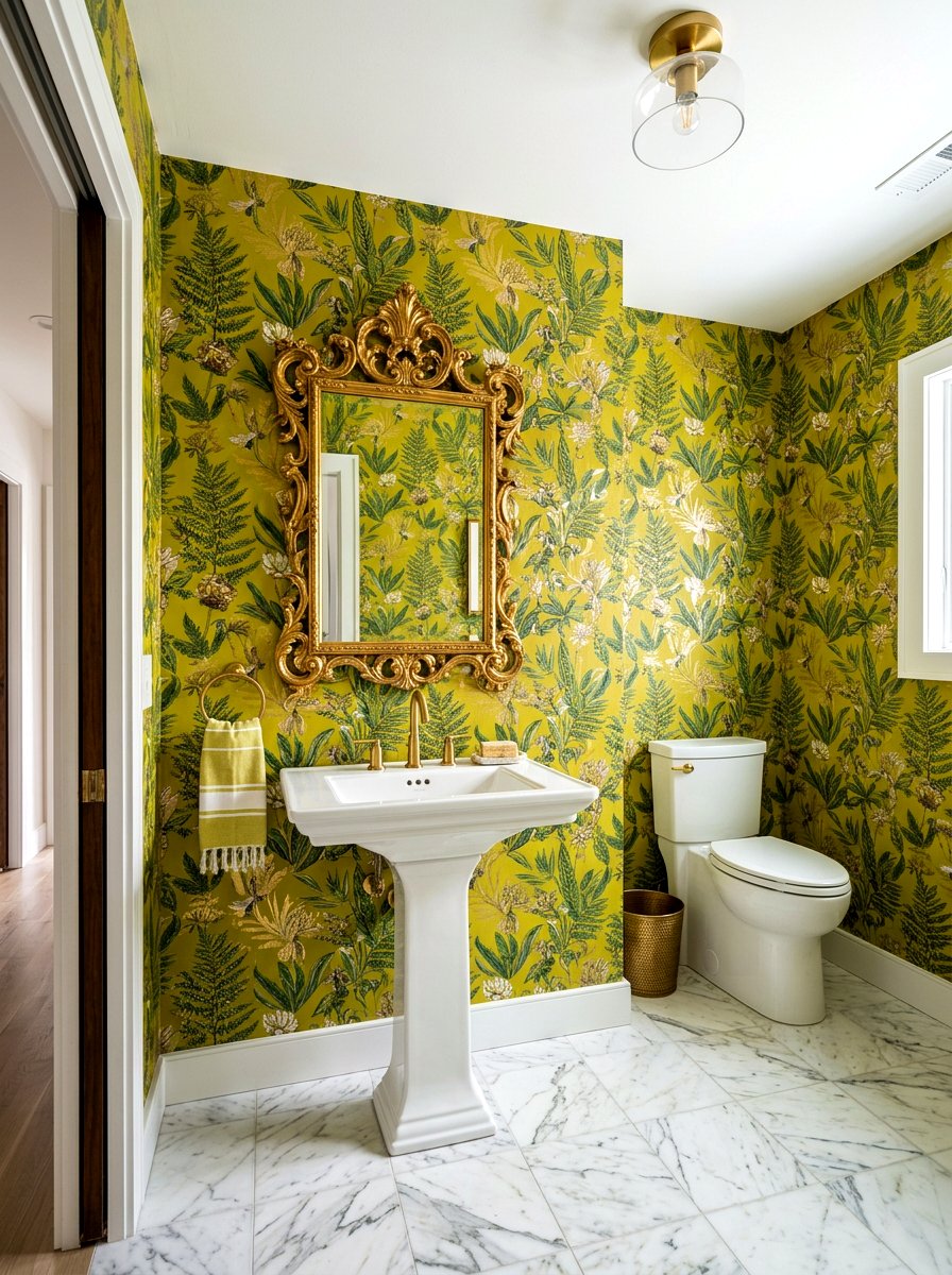 Chartreuse Pattern Wallpaper - 30 chartreuse powder room ideas
