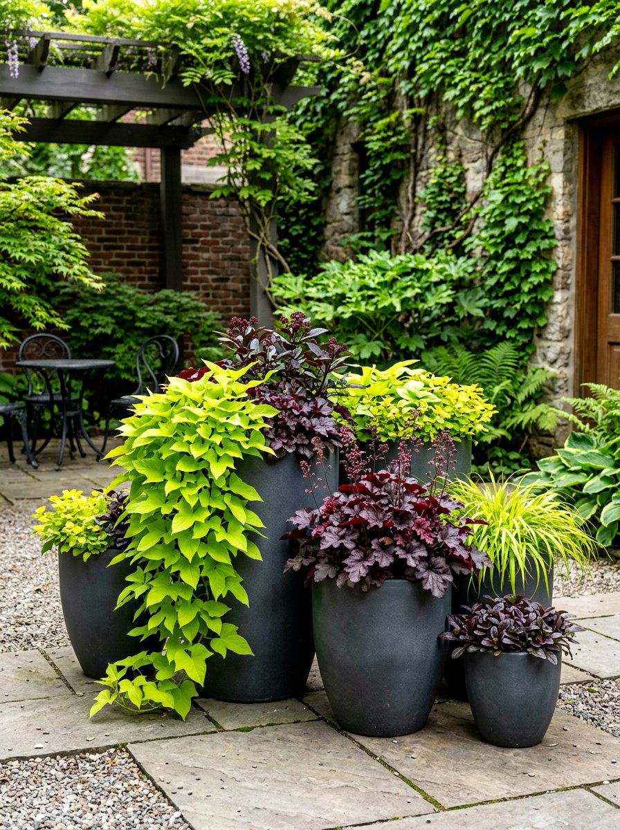 Chartreuse and burgundy container garden - 30 container garden color ideas