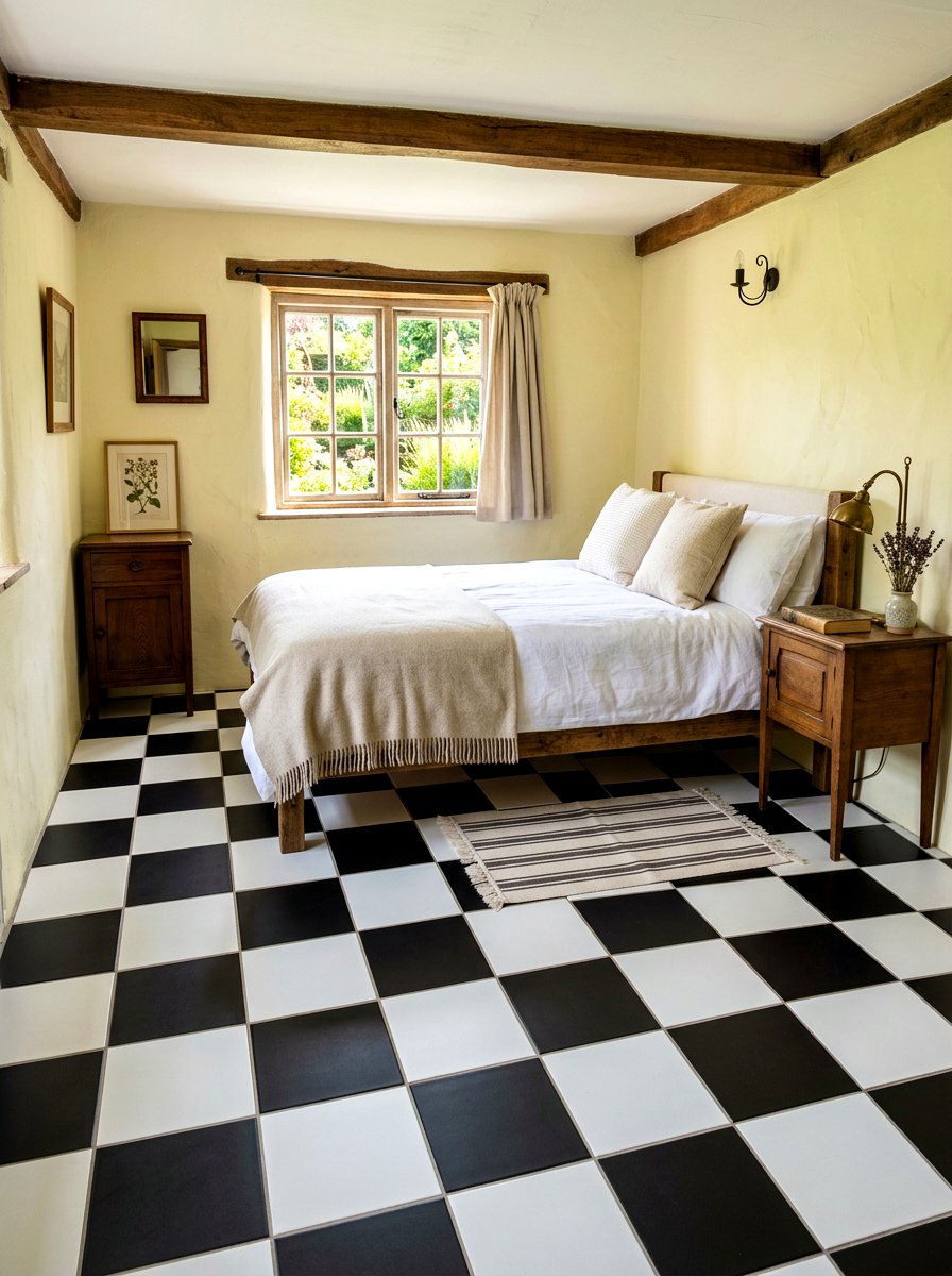 Checkerboard Floor Tile - 30 tiny cottage bedroom ideas