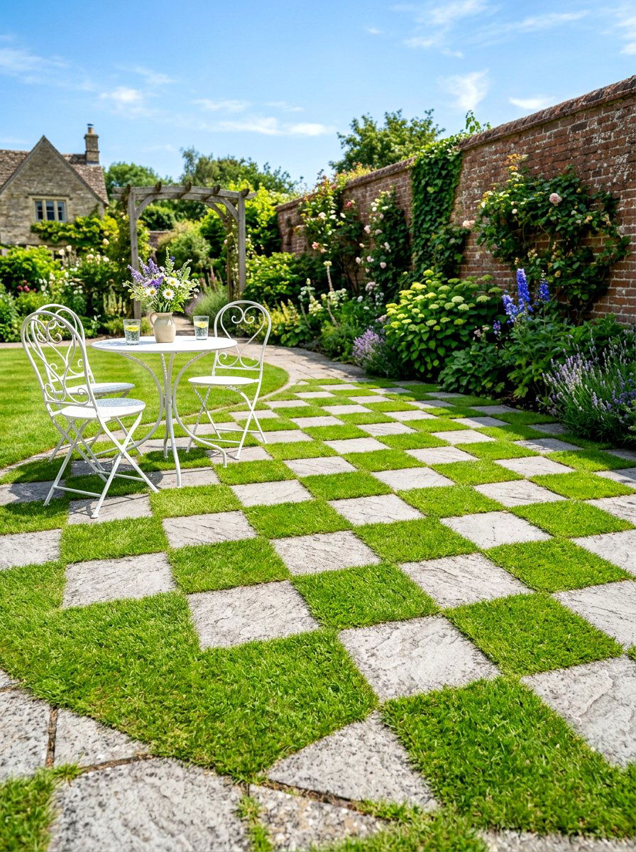 Checkerboard Grass Pavers - 30 courtyard patio ideas