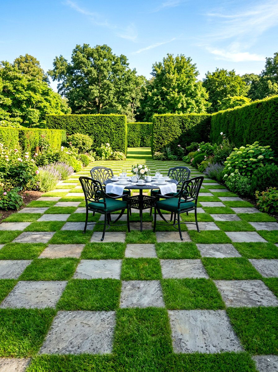 Checkerboard Pattern Stone Patio - 30 Nancy Meyers patio ideas