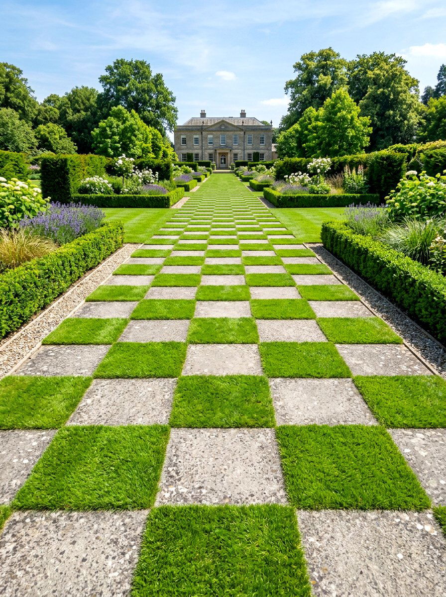 Checkerboard Paver And Turf - 30 side yard walkway ideas